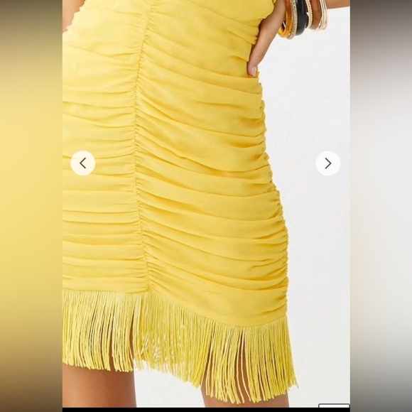 Forever 21 BELEARIC BEACH L Halter Ruched Fringe Trim Yellow Minidress Large - Picture 11 of 14